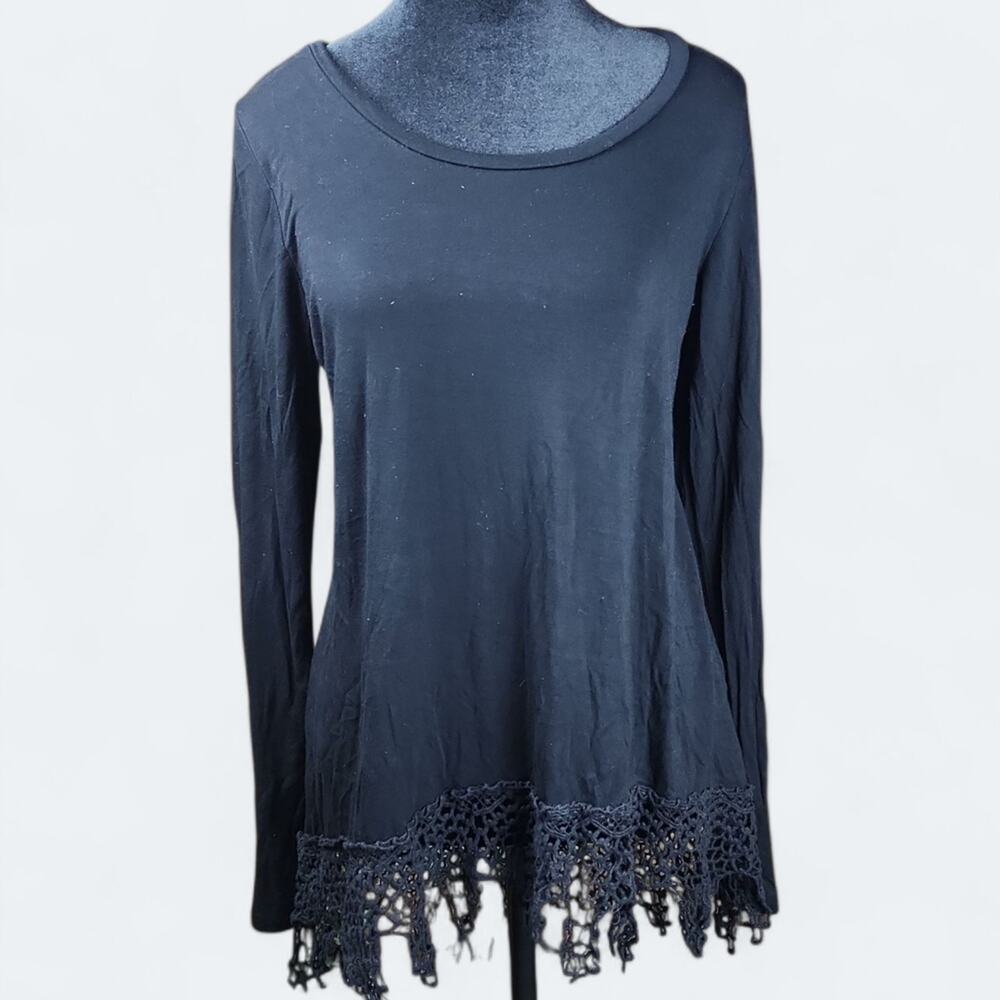 PAPER TEE | Neutral Black Crochet Hem Long Sleeve Witchy Goth Dark Fairy Top | L